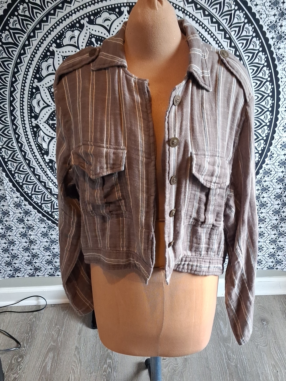Free People Brown Striped Cropped Utility Jacket